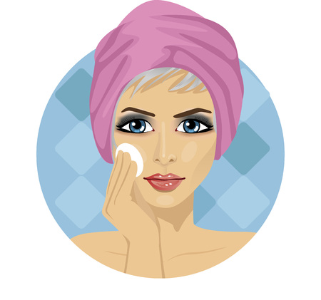 beautiful woman with a towel around her head cleaning her face with a spongeのイラスト素材
