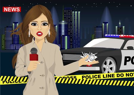 Female journalist reports news about accident in front of a police carのイラスト素材