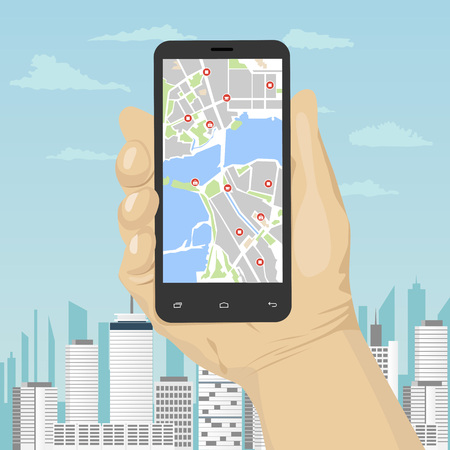male hand holding a smartphone with mobile gps or glonass navigation map over the modern cityのイラスト素材