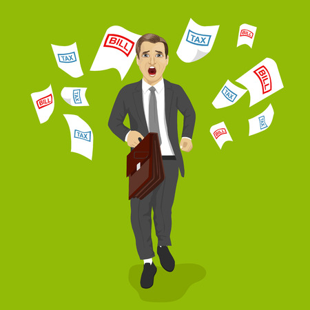 businessman with a briefcase running away from tax and bill papersのイラスト素材