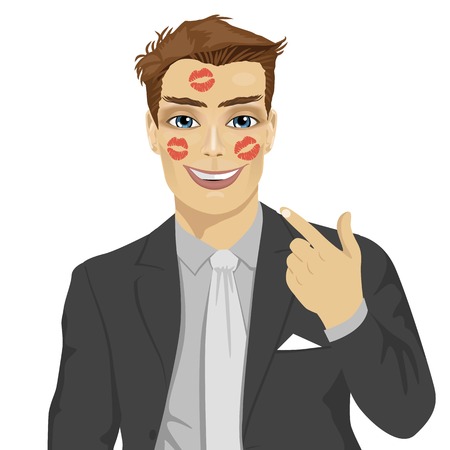 young happy businessman showing red lipstick kiss marks on face isolated over white backgroundのイラスト素材