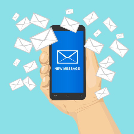 hand holding a smartphone with many message envelopes, email marketingのイラスト素材