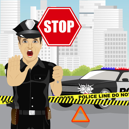 policeman holding a stop sign and showing stop gesture warning about the accident near police carのイラスト素材