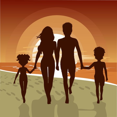 silhouette of happy family walking along the beach at sunsetのイラスト素材