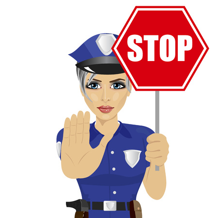 young policewoman holding stop sign and showing stop gesture over white backgroundのイラスト素材