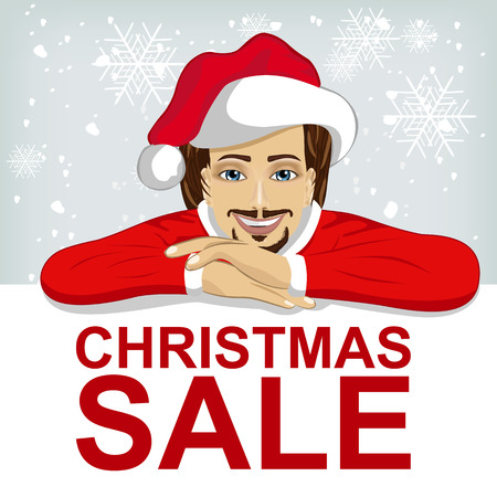 young man wearing santa hat leaned on blank board with a red christmas sale textのイラスト素材
