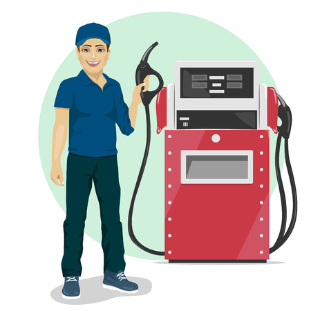 Gas station worker holding a petrol pump standing next to fuel dispenserのイラスト素材