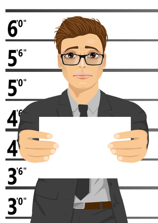 Arrested businessman posing for a mugshot holding a signboardのイラスト素材