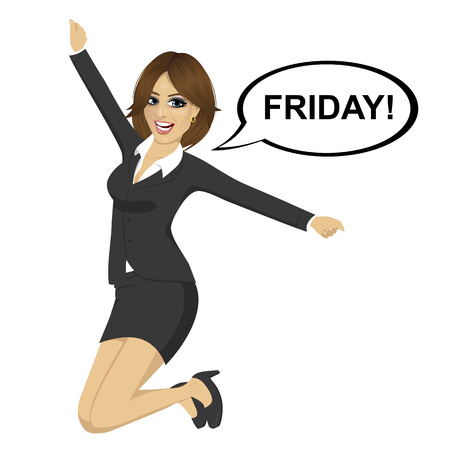 Young businesswoman jumping happy with friday text on a speech bubbleのイラスト素材