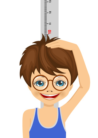 nerd boy with glasses measuring his height over white backgroundのイラスト素材