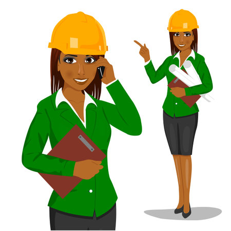 female african american architect wearing yellow safety helmet holding blueprints and clipboard talking on the phoneのイラスト素材
