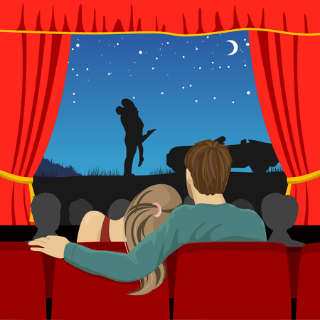 back view of couple of lovers watching romantic movie in cinema theaterのイラスト素材
