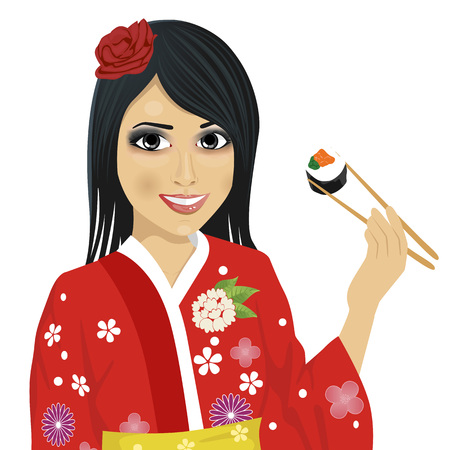 beautiful japanese woman wearing kimono eating sushi with chopsticks isolated over white backgroundのイラスト素材