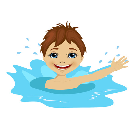 active little boy swimming happy in the water wavingのイラスト素材