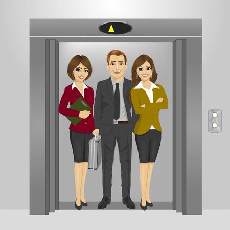 young business people standing together inside office building elevatorのイラスト素材