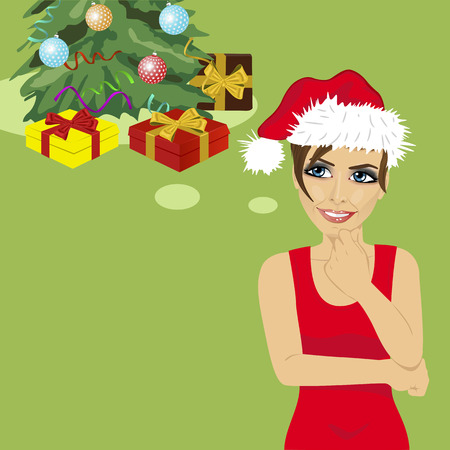 young woman in santa hat looking up thinking about gifts under christmas tree over green backgroundのイラスト素材