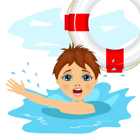 young boy screaming in water while somebody throws a ring buoy lifebuoyのイラスト素材