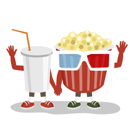 cinema pop corn with 3d glasses and cola character friends holding hands together and waving over white backgroundのイラスト素材