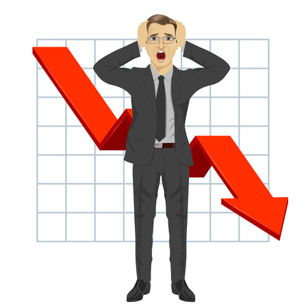 full length illustration of business man grabbed his head. Red arrow. Financial down graph. Crisis. Falling trend.のイラスト素材
