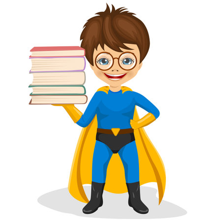 little boy wearing superhero costume holding stack of booksのイラスト素材