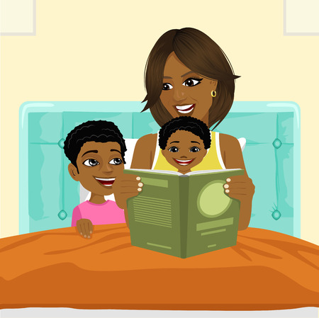african american mother reading a book to son and daughter in bed before going to sleepのイラスト素材