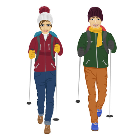 couple with backpack and hiking walking sticksのイラスト素材