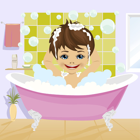 little boy washing his hair with shampoo sitting in bathtub in bathroomのイラスト素材