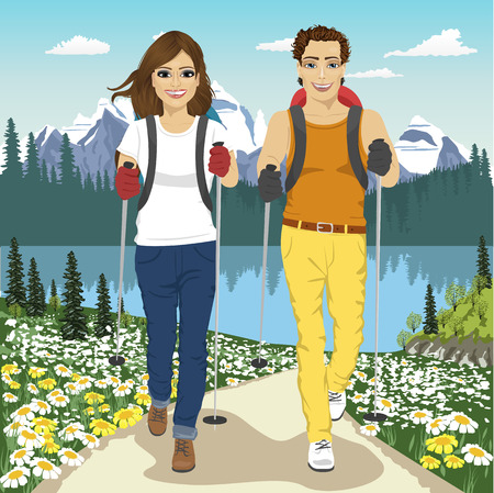 Young couple hiking outdoors with backpacks in summer mountains.のイラスト素材