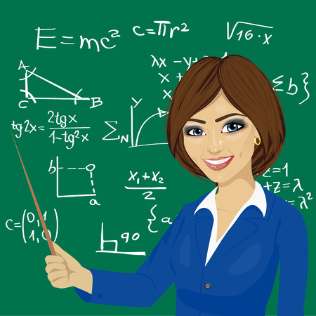 young math teacher standing next to blackboardのイラスト素材