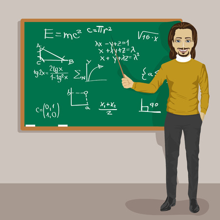 young male math teacher standing with a pointer next to a blackboardのイラスト素材
