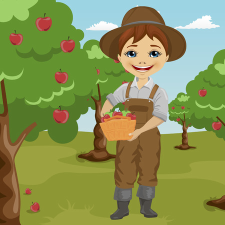 farmer little boy picking apples holding basket standing in orchardのイラスト素材