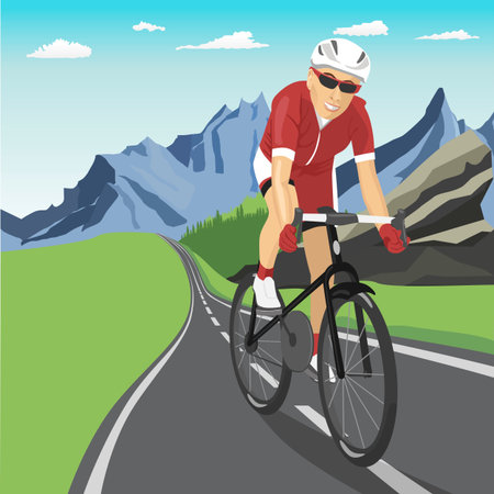 Male professional cyclist riding in mountainsのイラスト素材