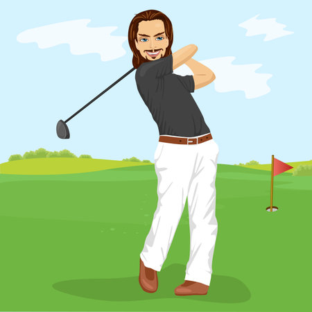 Male golfer hitting golf shot with club on courseのイラスト素材