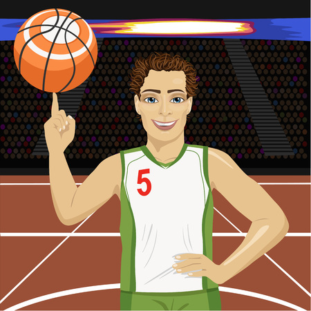 Young man spinning basketball ball with his finger on court in arenaのイラスト素材