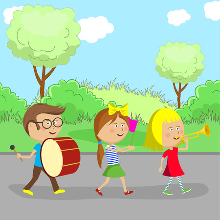 Children go on the road and play instruments such as a drum and trumpet.のイラスト素材