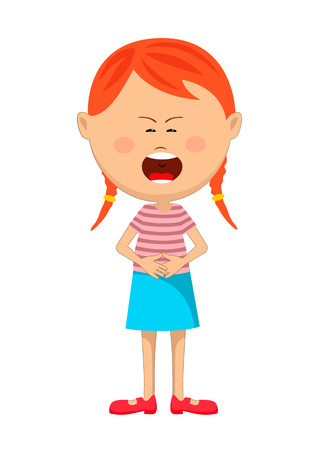 Cute young red haired girl with severe stomach ache or nausea crying.のイラスト素材
