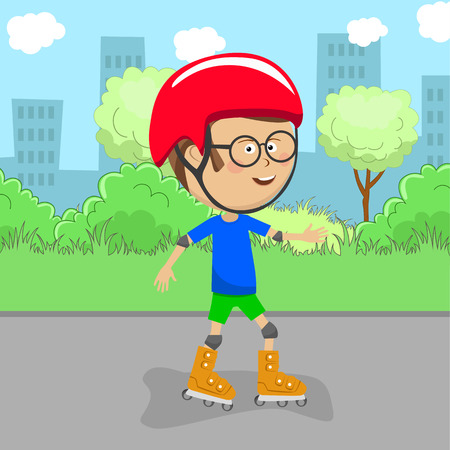 Cute little boy on rollers skates in city park.のイラスト素材