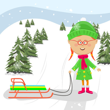 Cute little girl standing with sledge ready to ride.のイラスト素材
