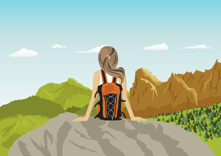 woman traveler sitting on rocks looking at mountainsのイラスト素材