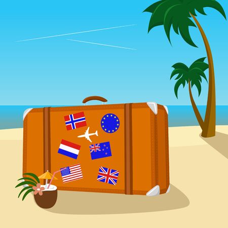 Vintage suitcase with flag stickers placed on beach with peaceful seaのイラスト素材