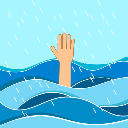 Drowning victims. Hand of drowning man needing help. Failure and rescue concept.のイラスト素材