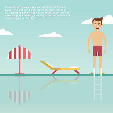 Young man is ready to jump into modern swimming pool with deck chair and umbrellaのイラスト素材