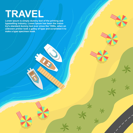 Top view of seashore with umbrellas, deck chairs and boatsのイラスト素材