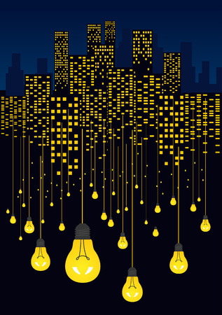 Night city and glowing light bulbs hanging on wires. Energy saving conceptのイラスト素材