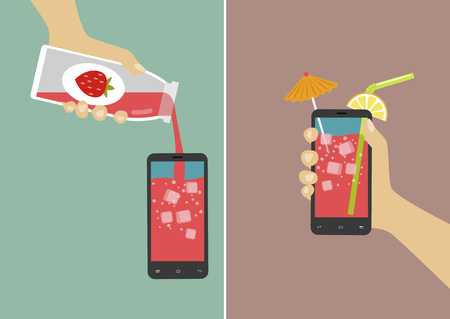 Hand pours juice into smartphone and holding it with ice cubes, umbrella and stick. Flat vector illustrationのイラスト素材