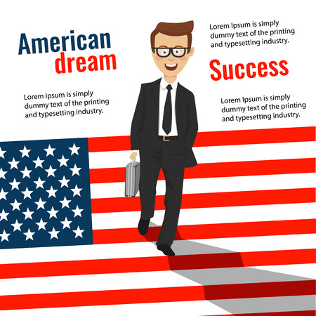 Successful young businessman with briefcase goes down the stairs in the form of usa flagのイラスト素材