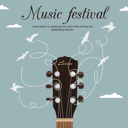 Guitar neck with strings turn into white birds in blue sky. Music festival flyerのイラスト素材