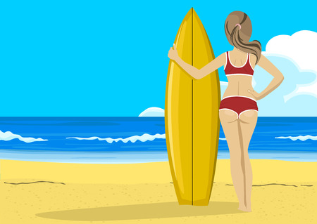Rear view of young woman with surfboard looking into the distanceのイラスト素材