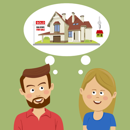 Just married couple dreaming about a new house. Real state for sale conceptのイラスト素材