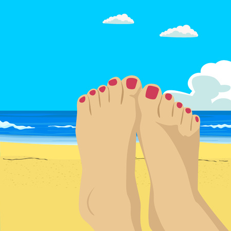 Woman feet closeup. Girl relaxing on beach on sunbed enjoying sun on sunny summer day. Vacation holidays.のイラスト素材